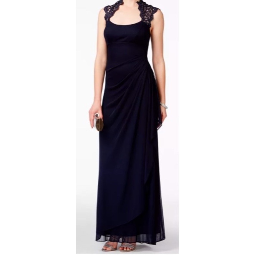 XSCAPE Navy Stand-Collar Illusion Back Gown